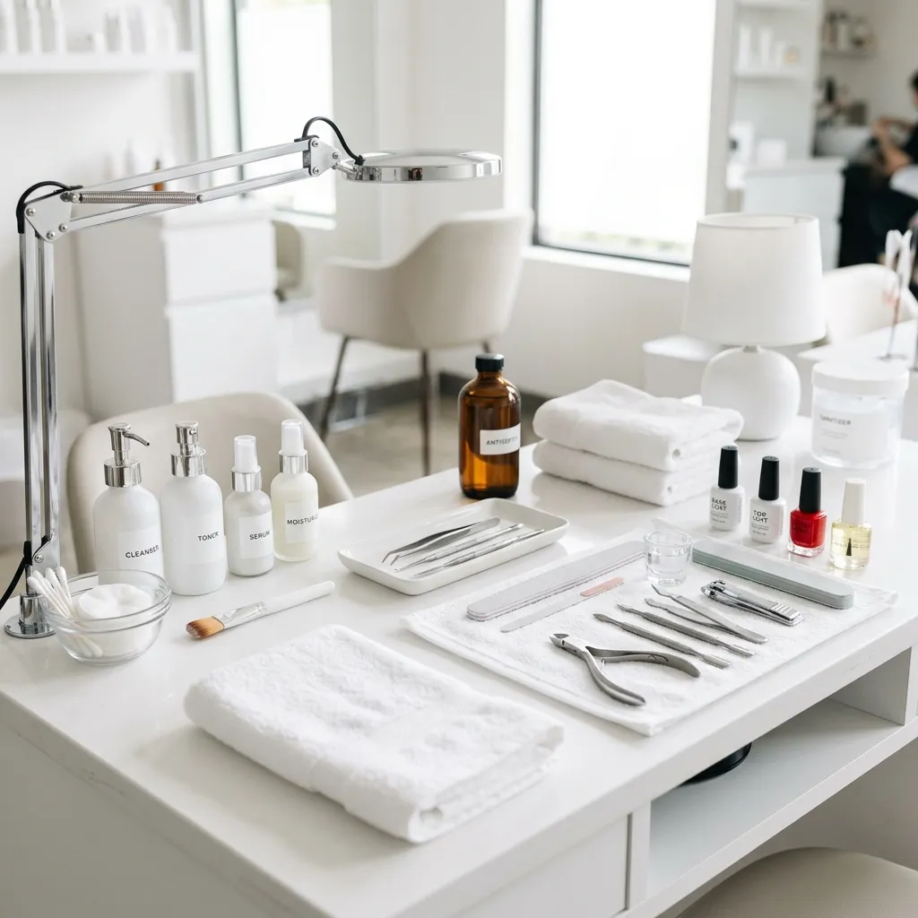 Clean, professional esthetician and nail technician setup for a practical exam